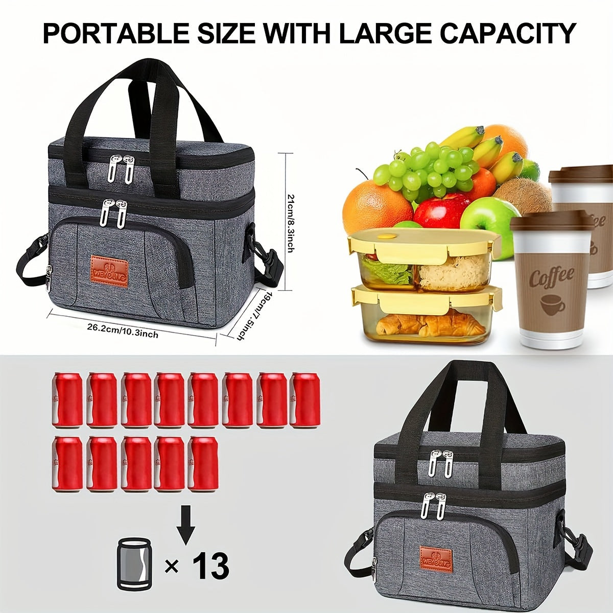 Leak-Proof Insulated Lunch Tote - Unisex Square Bag with Adjustable Strap for Work & School
