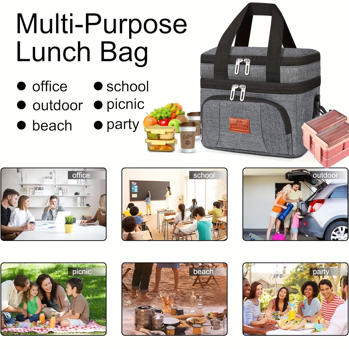 Leak-Proof Insulated Lunch Tote - Unisex Square Bag with Adjustable Strap for Work & School
