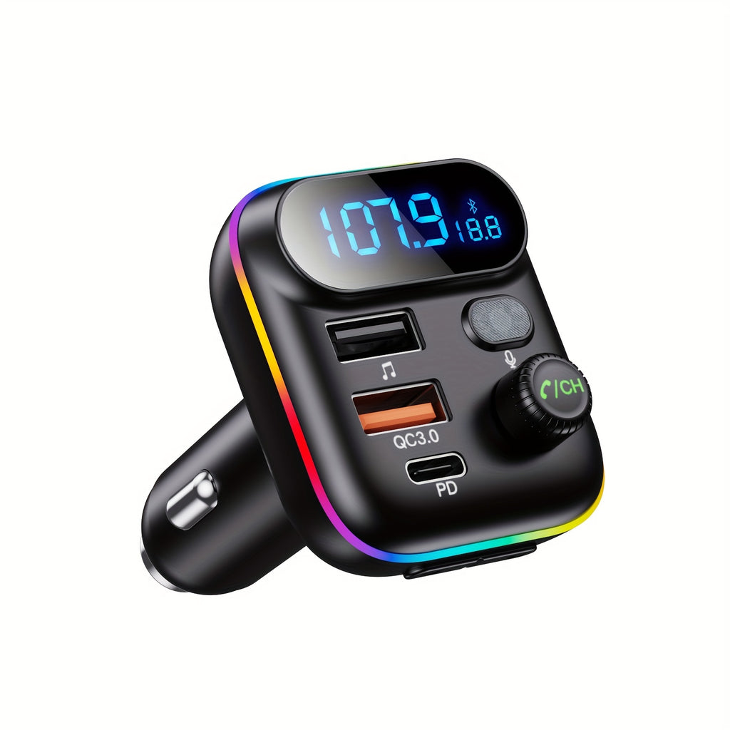 Adapter For Car, Wireless FM Radio Transmitter, Wireless 5.0, MP3 Music Player, QC3.0 + PD 20W USB Car Charger, 7 Colors LED