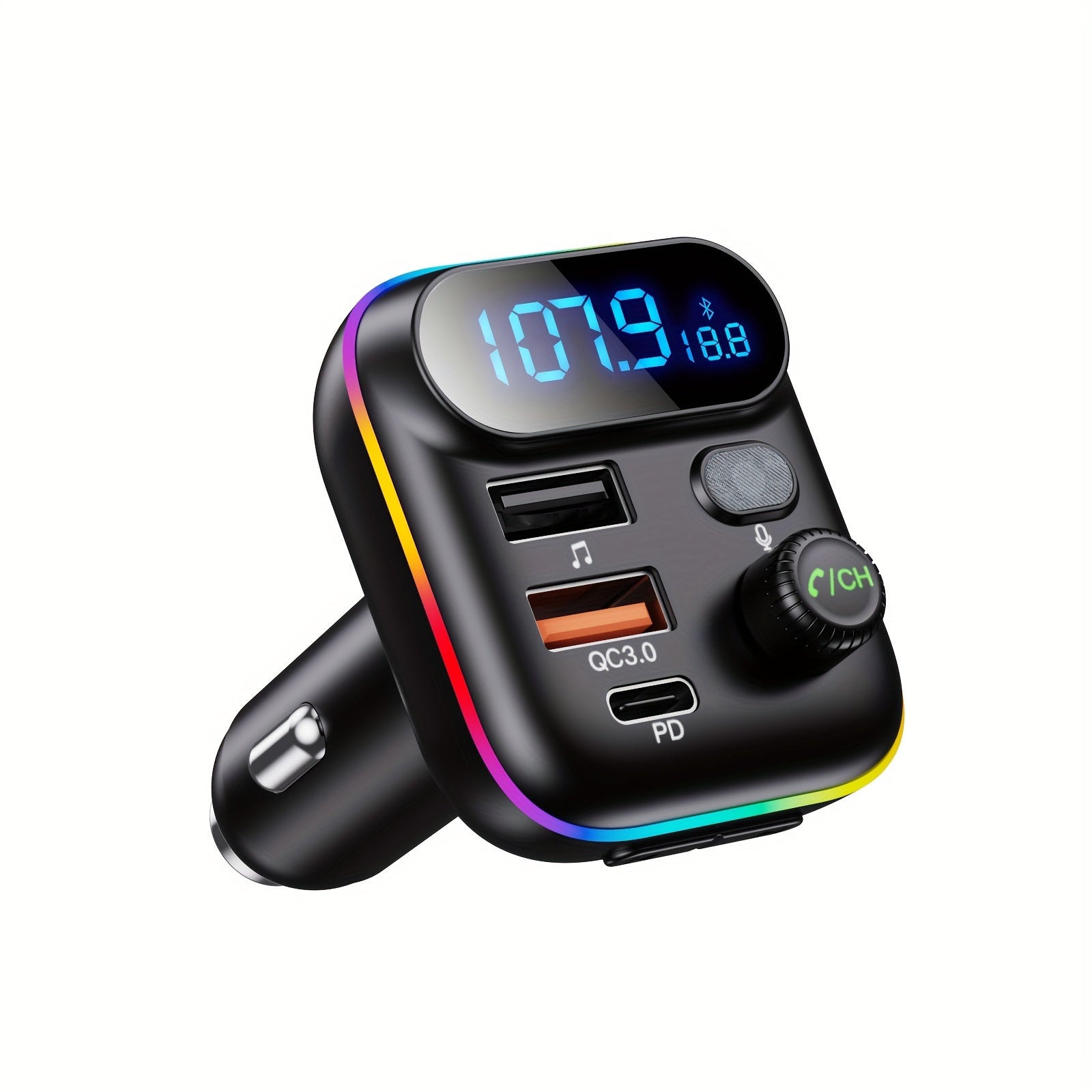 Adapter For Car, Wireless FM Radio Transmitter, Wireless 5.0, MP3 Music Player, QC3.0 + PD 20W USB Car Charger, 7 Colors LED