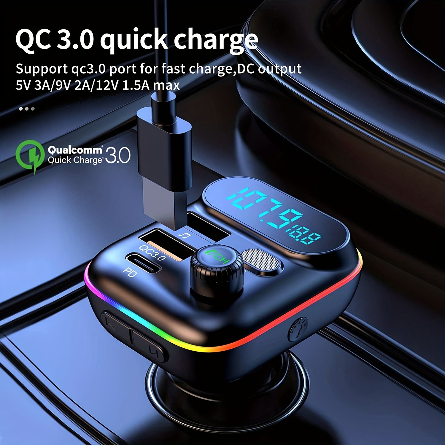 Adapter For Car, Wireless FM Radio Transmitter, Wireless 5.0, MP3 Music Player, QC3.0 + PD 20W USB Car Charger, 7 Colors LED