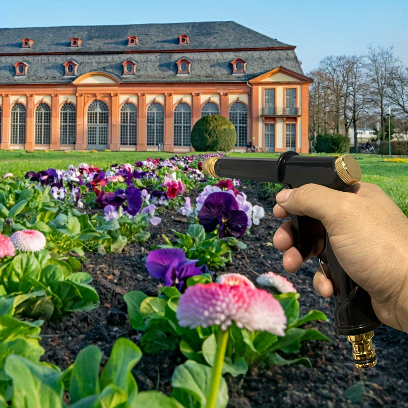 1pc Adjustable High-Pressure Water Hose Nozzle Spray - Ergonomic, Durable Plastic with Brass Fittings, Ideal for Car Washing & Pet Cleaning, Garden Hose Attachment, Pet Cleaning Accessory|Adjustable Spray|Goldtoned Accents, H