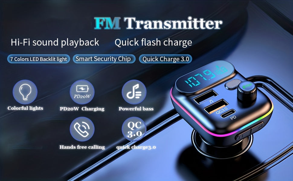 Adapter For Car, Wireless FM Radio Transmitter, Wireless 5.0, MP3 Music Player, QC3.0 + PD 20W USB Car Charger, 7 Colors LED