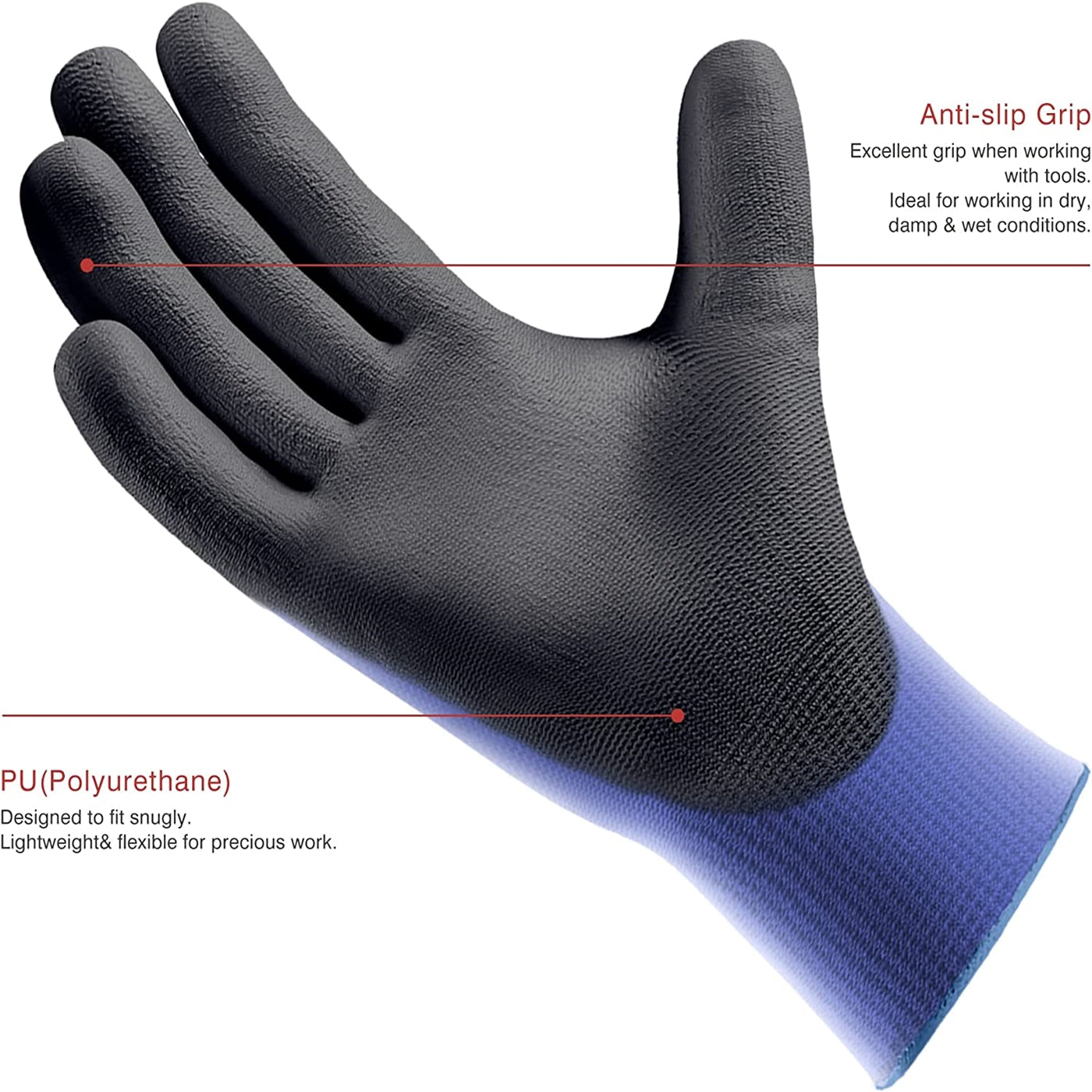 1/3 Pairs Ultra-Slim Grip Work Gloves - Superior Durable Nylon with Black Polyurethane Coating, Comfort Knit Wrist Cuff - Ideal for Daily Light Duty Tasks