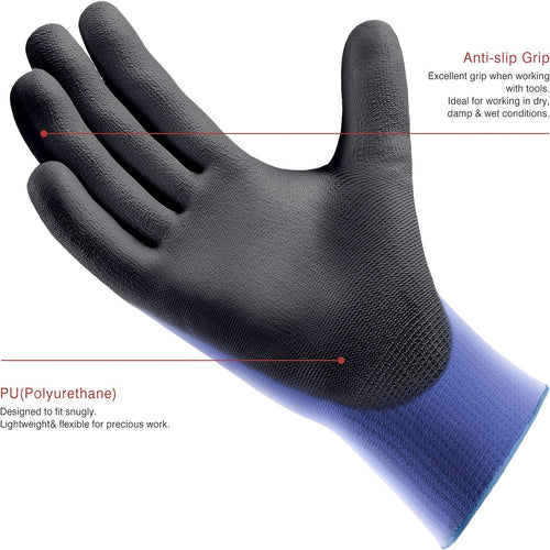 1/3 Pairs Ultra-Slim Grip Work Gloves - Superior Durable Nylon with Black Polyurethane Coating, Comfort Knit Wrist Cuff - Ideal for Daily Light Duty Tasks