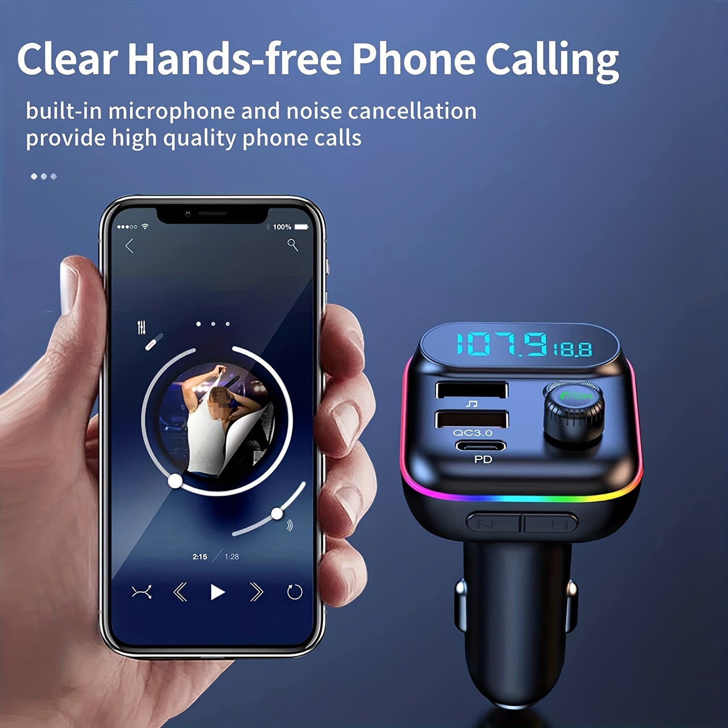 Adapter For Car, Wireless FM Radio Transmitter, Wireless 5.0, MP3 Music Player, QC3.0 + PD 20W USB Car Charger, 7 Colors LED