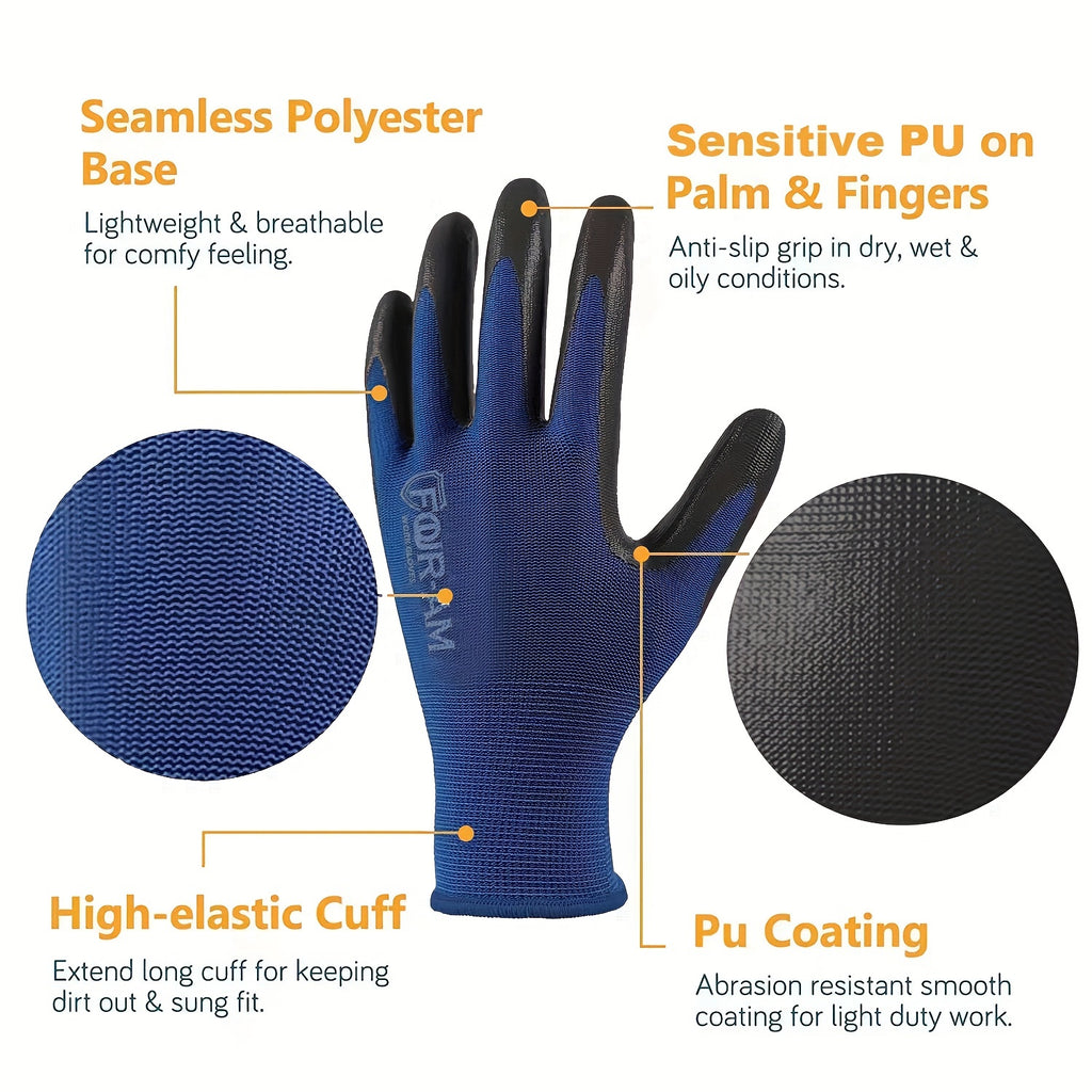 1/3 Pairs Ultra-Slim Grip Work Gloves - Superior Durable Nylon with Black Polyurethane Coating, Comfort Knit Wrist Cuff - Ideal for Daily Light Duty Tasks